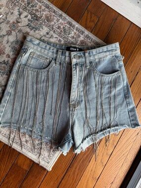Blue B Light Wash Denim Chain Fringe Shorts Size Small/26
